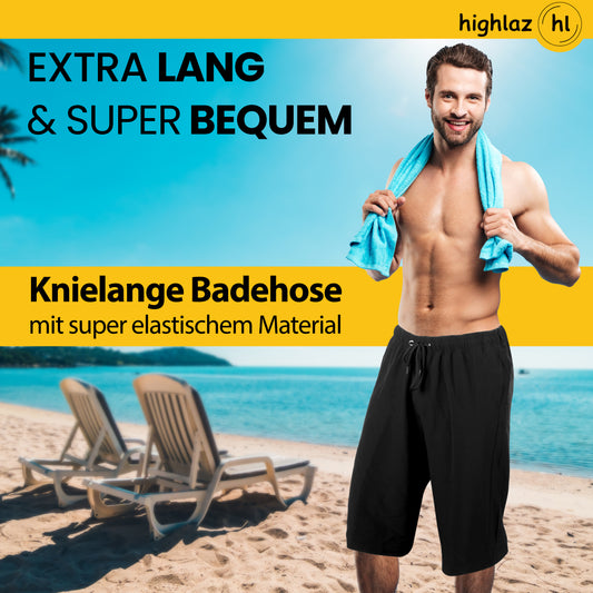 Knielange Herren Badeshorts – Extralang, Schnelltrocknend & mit Reißverschlusstaschen
