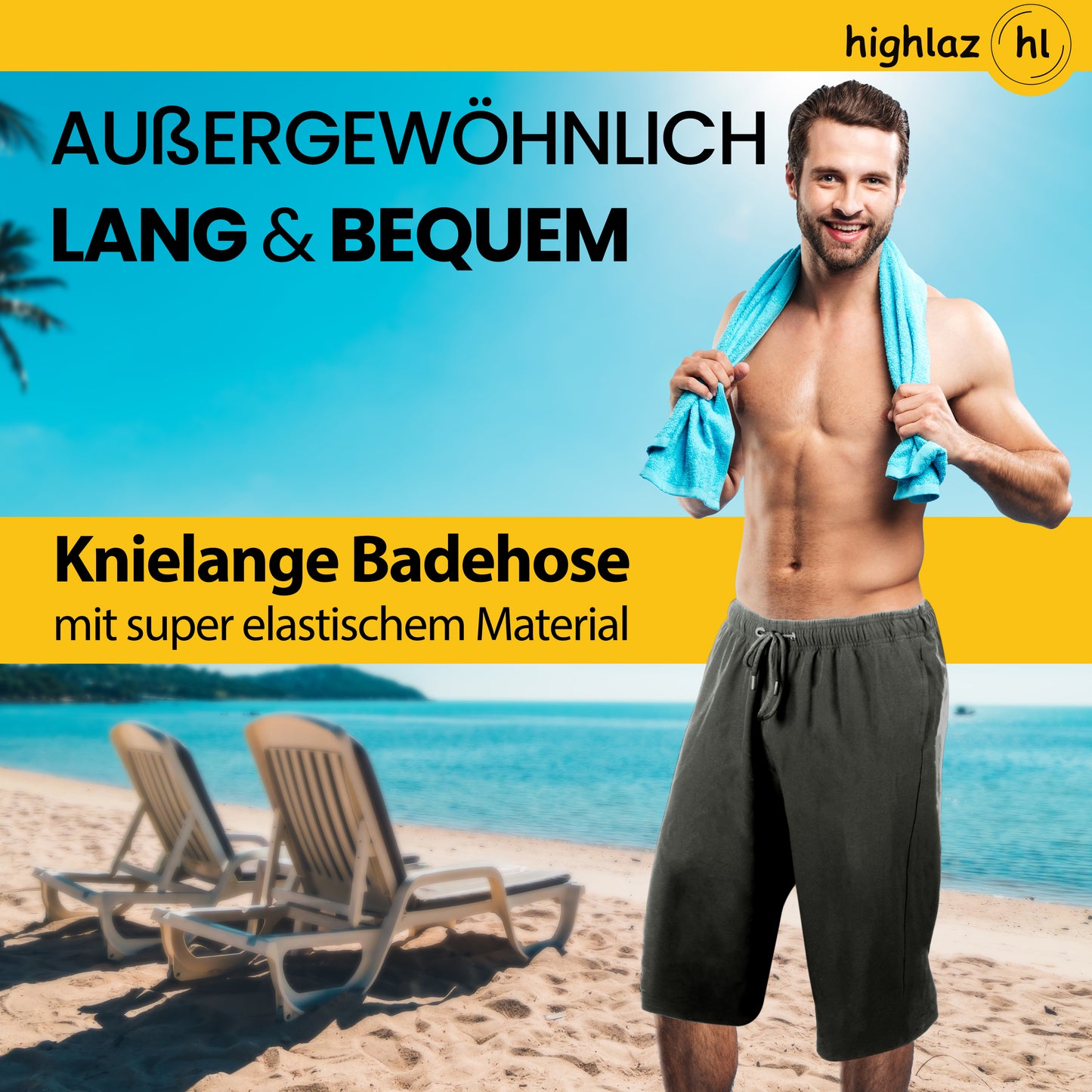 Knielange Herren Badeshorts – Extralang, Schnelltrocknend & mit Reißverschlusstaschen