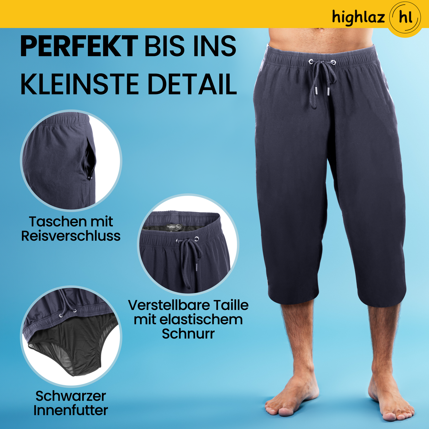Knielange Herren Badeshorts – Extralang, Schnelltrocknend & mit Reißverschlusstaschen