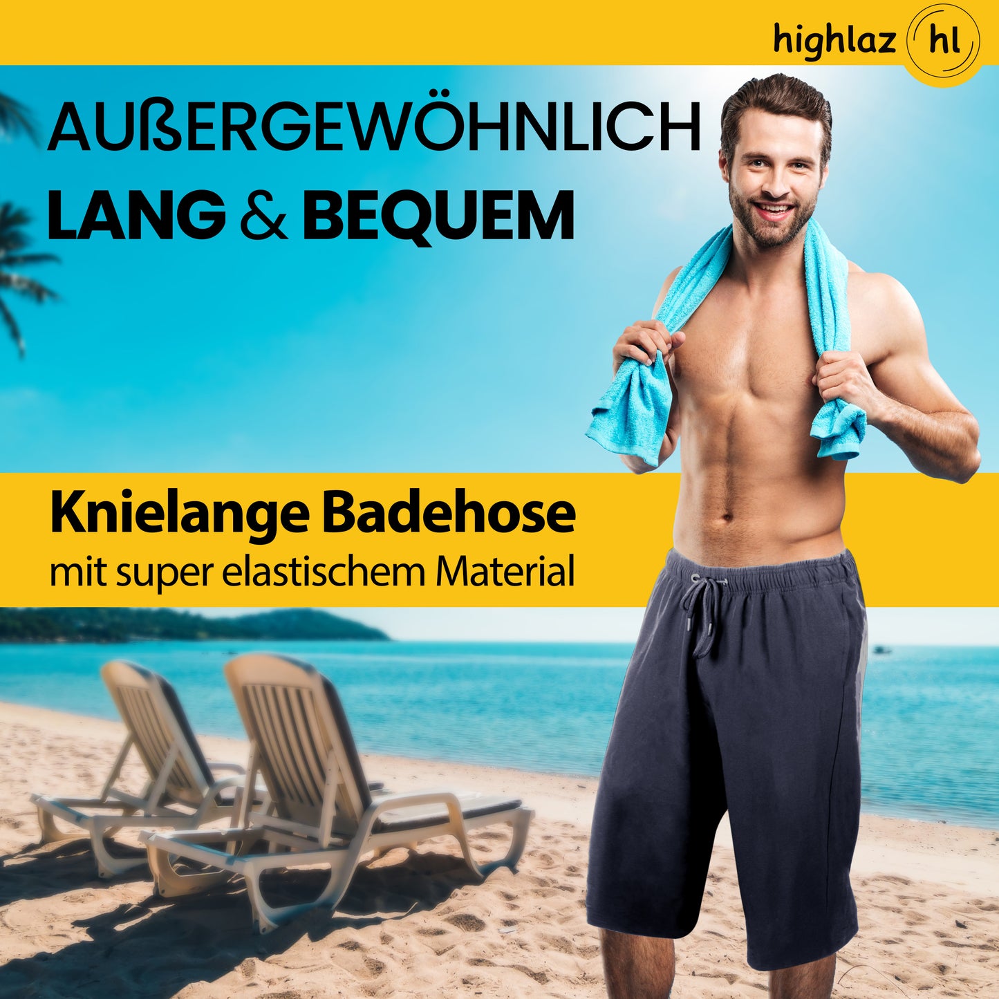 Knielange Herren Badeshorts – Extralang, Schnelltrocknend & mit Reißverschlusstaschen